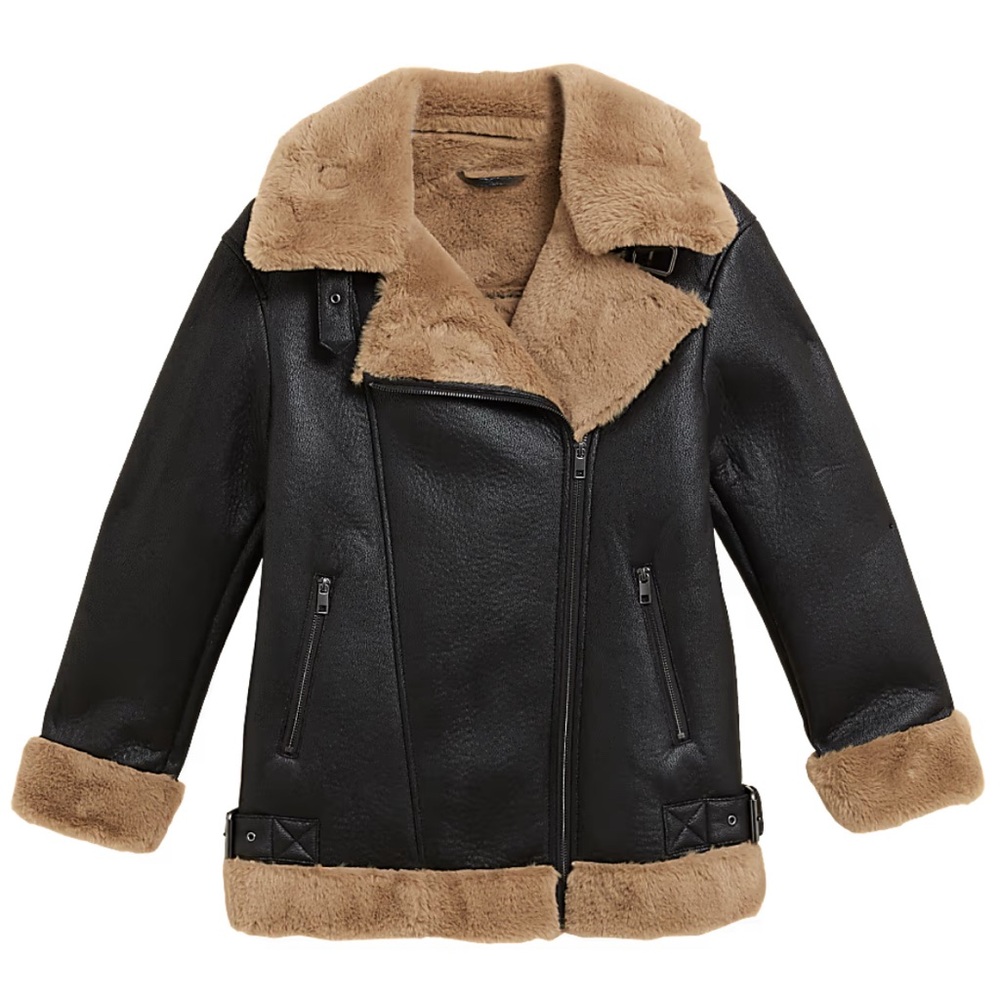 Black and Tan Aviator Jacket with Asymmetrical Closure and Fuzzy Collar